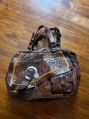 Dior Brown Croc-Embossed Leather Duffel with Tan Trim